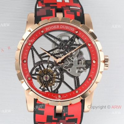 BBR Factory 1:1 Copy Roger Dubuis Excalibur Skeleton Flying Tourbillon Watch Rose Gold Skeleton Dial